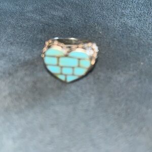 Genuine Turquoise sterling silver heart filigree ring Size 7